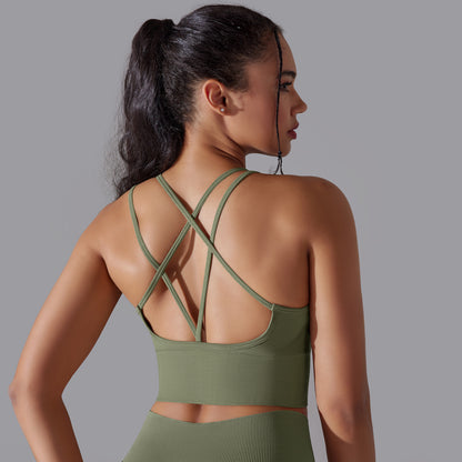 Solid Color Cross Backless Fitted Shock-Proof Sports Bra