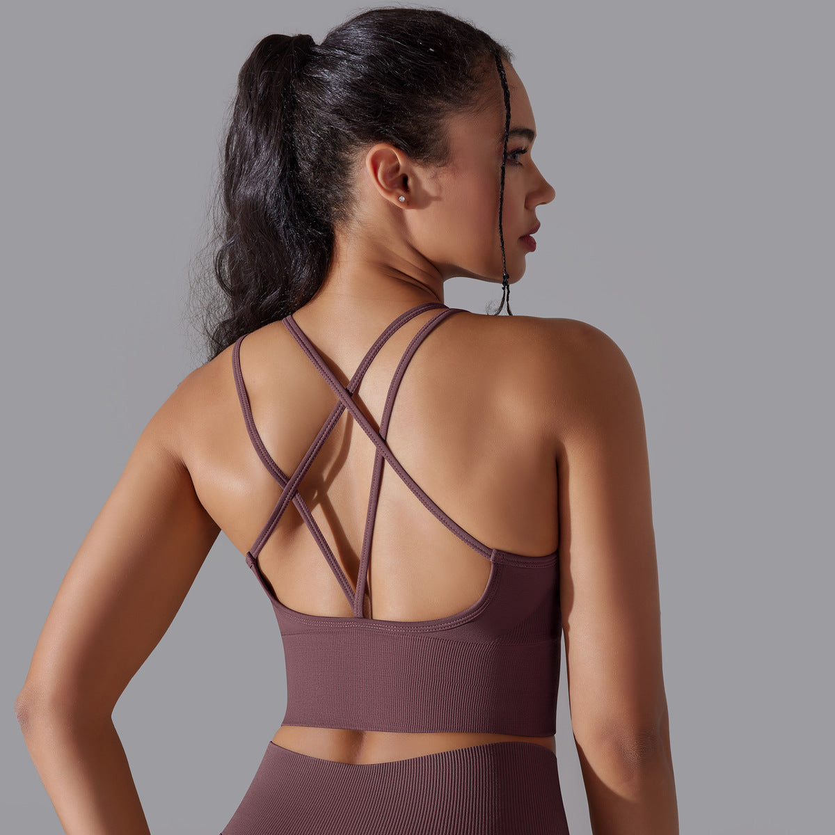 Solid Color Cross Backless Fitted Shock-Proof Sports Bra