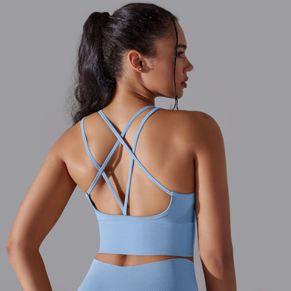 Solid Color Cross Backless Fitted Shock-Proof Sports Bra