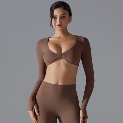 V-neck sporty short-sleeved top for women's fitness wear