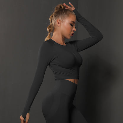 Seamless Fitted Solid Color Pleated Long-Sleeved Sports Top