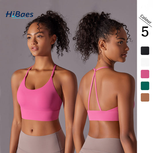 Brushed solid color backless cross strap sports bra for women