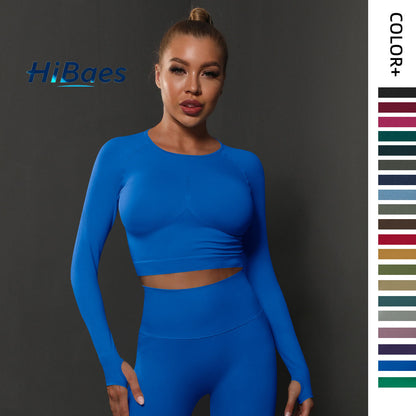 Seamless Fitted Solid Color Pleated Long-Sleeved Sports Top