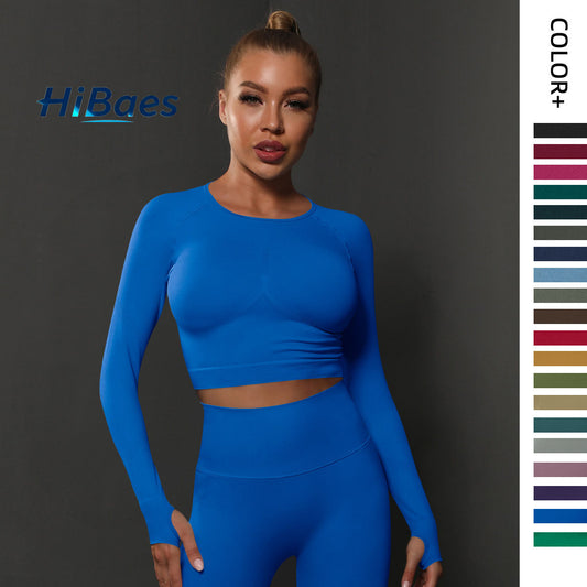 Seamless Fitted Solid Color Pleated Long-Sleeved Sports Top