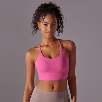 Brushed solid color backless cross strap sports bra for women