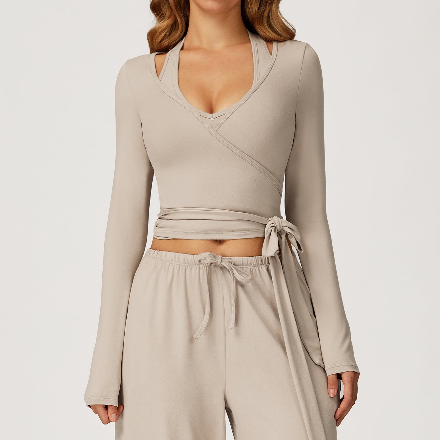 Brushed Soft Yoga Long Sleeve, One-Piece Tie Back Sportswear, High-End Activewear for Outdoor Fitness
