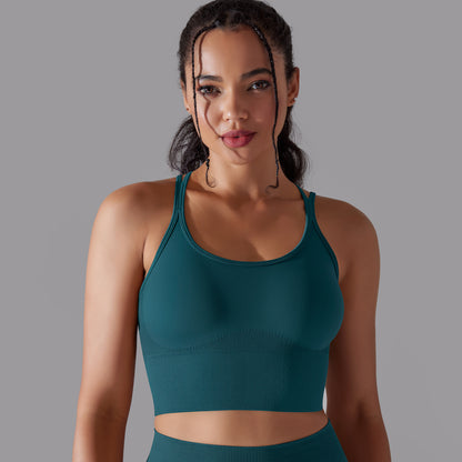 Solid Color Cross Backless Fitted Shock-Proof Sports Bra