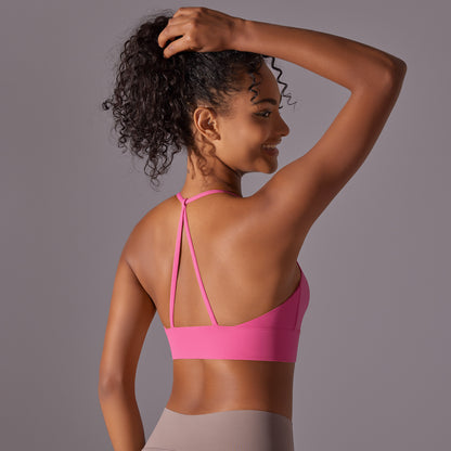 Brushed solid color backless cross strap sports bra for women
