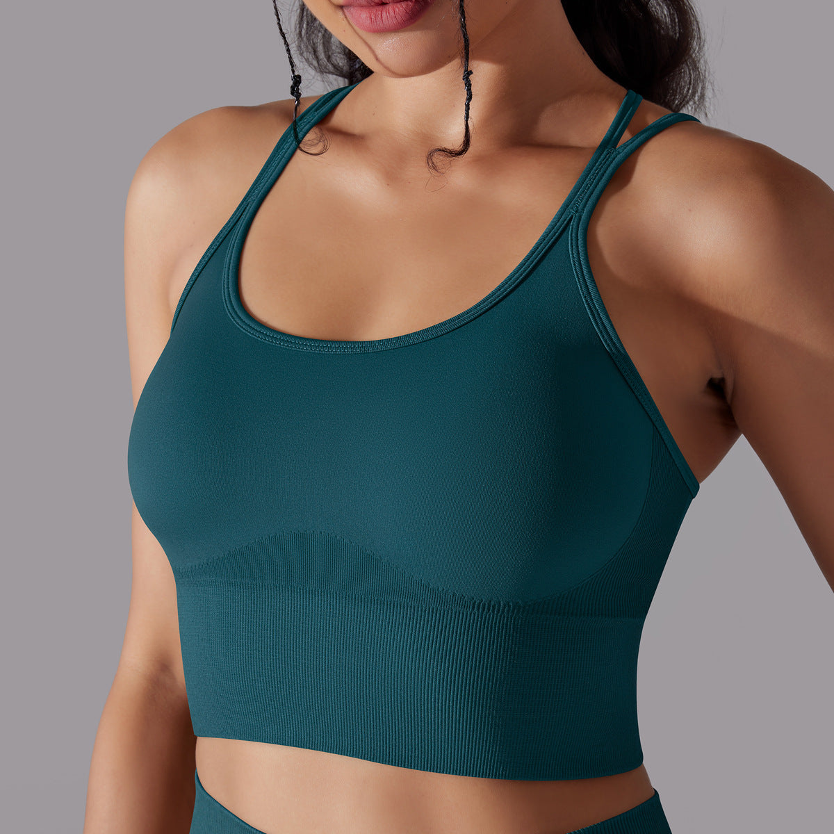 Solid Color Cross Backless Fitted Shock-Proof Sports Bra