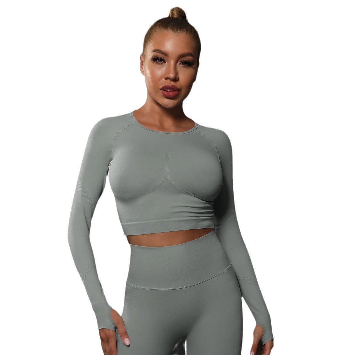 Seamless Fitted Solid Color Pleated Long-Sleeved Sports Top