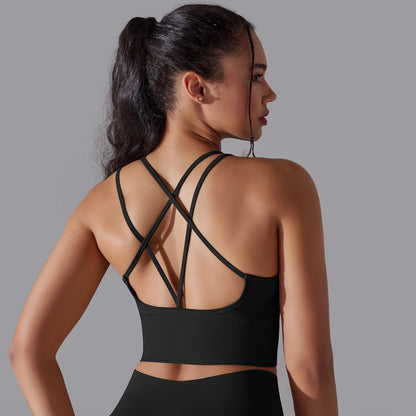 Solid Color Cross Backless Fitted Shock-Proof Sports Bra