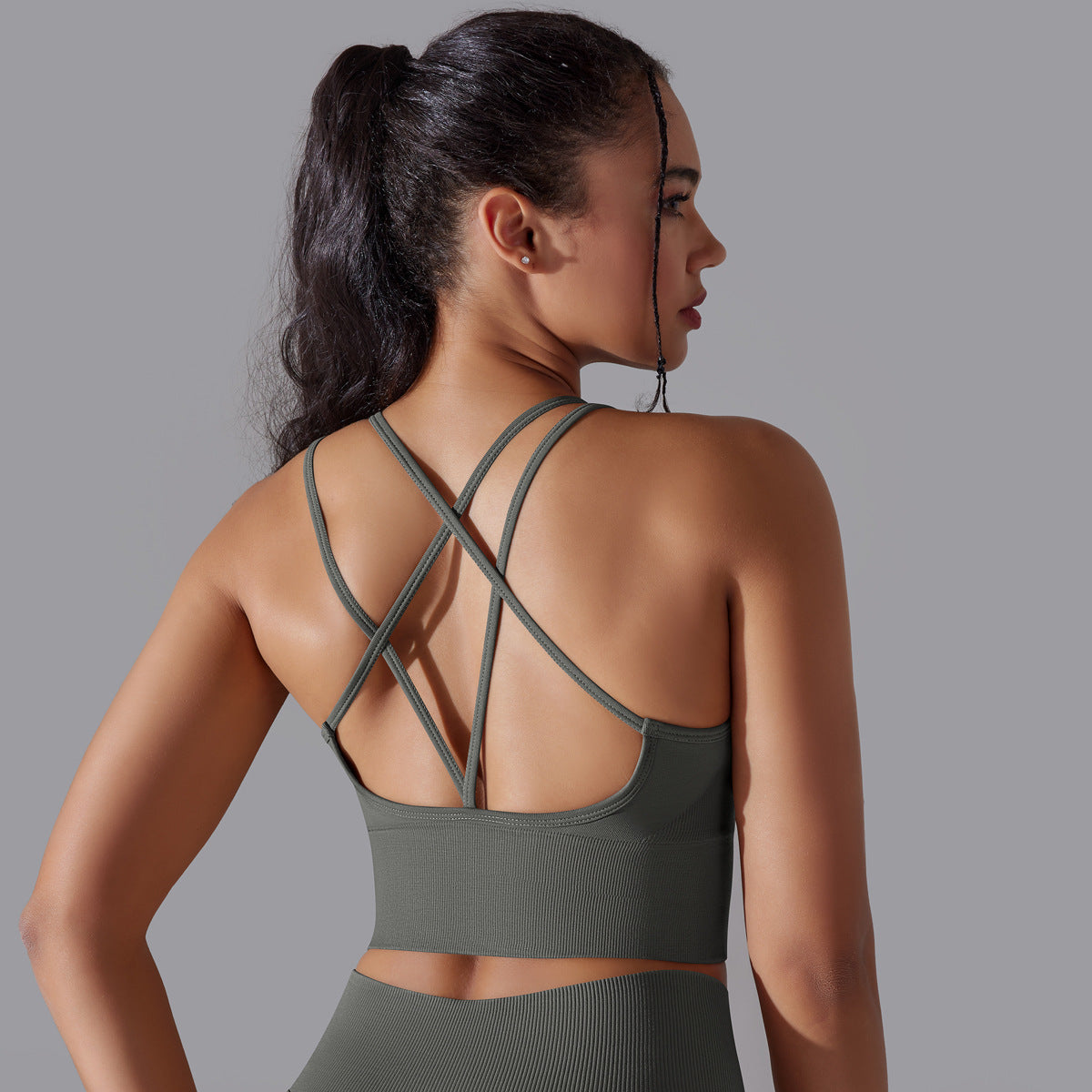 Solid Color Cross Backless Fitted Shock-Proof Sports Bra